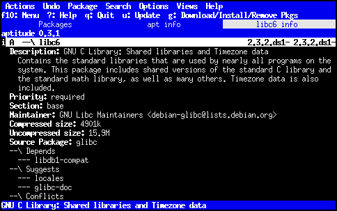 [barra delle schede delle viste: Pacchetti, informazioni di apt, informazioni di libc6]